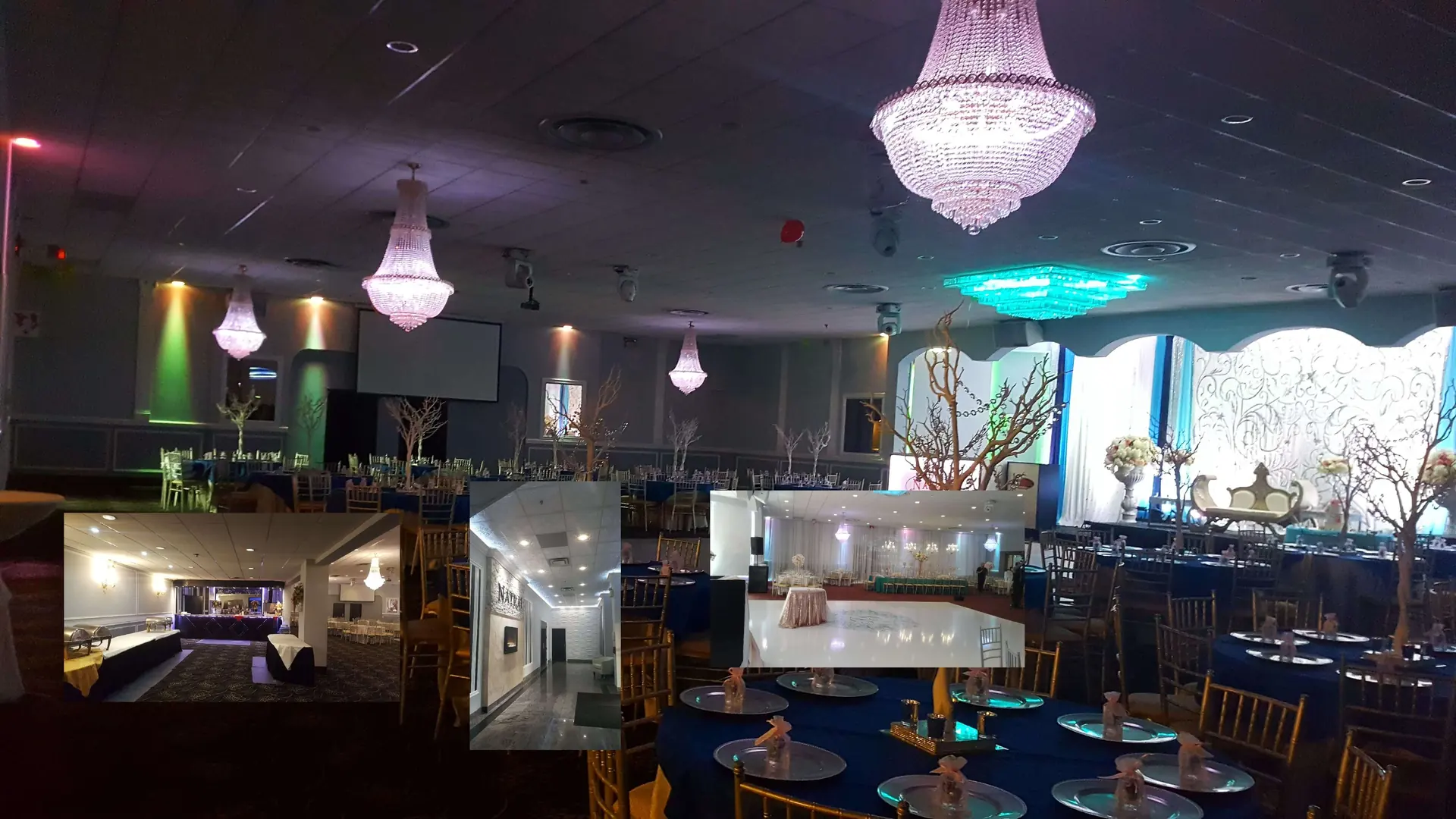 The ballroom under multi-colour lighting during an evening event.