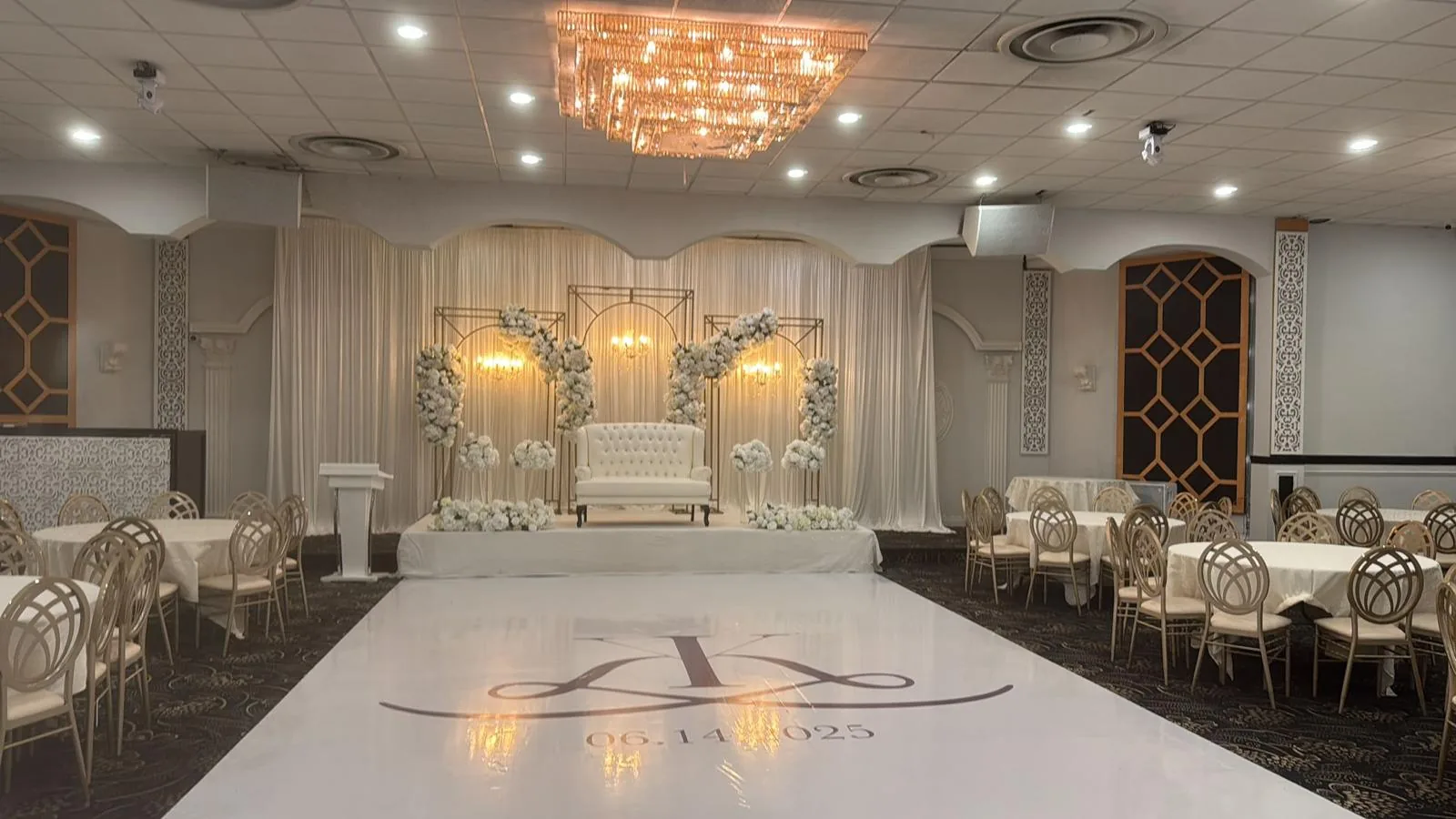Guests' tables framing the dance floor during a wedding reception.